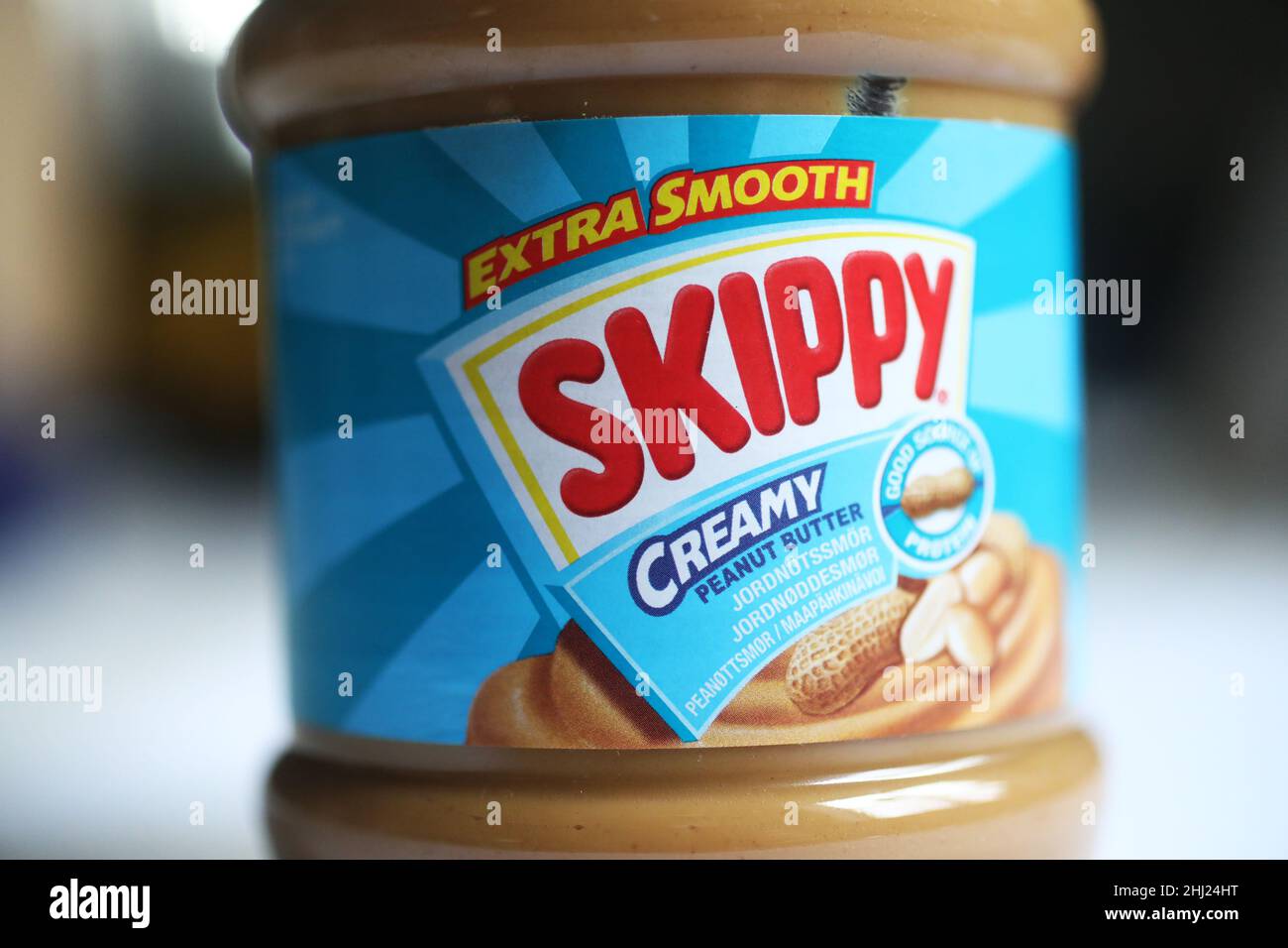 Skippy, from Hormel Foods Corporation, is an American brand of peanut butter manufactured in the United States and China Stock Photo