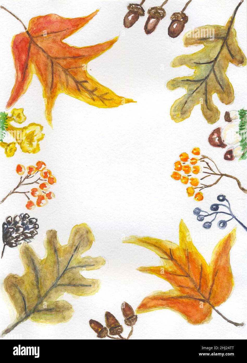 Colorful decorative frame with autumn leaves, hand drawn illustration ...
