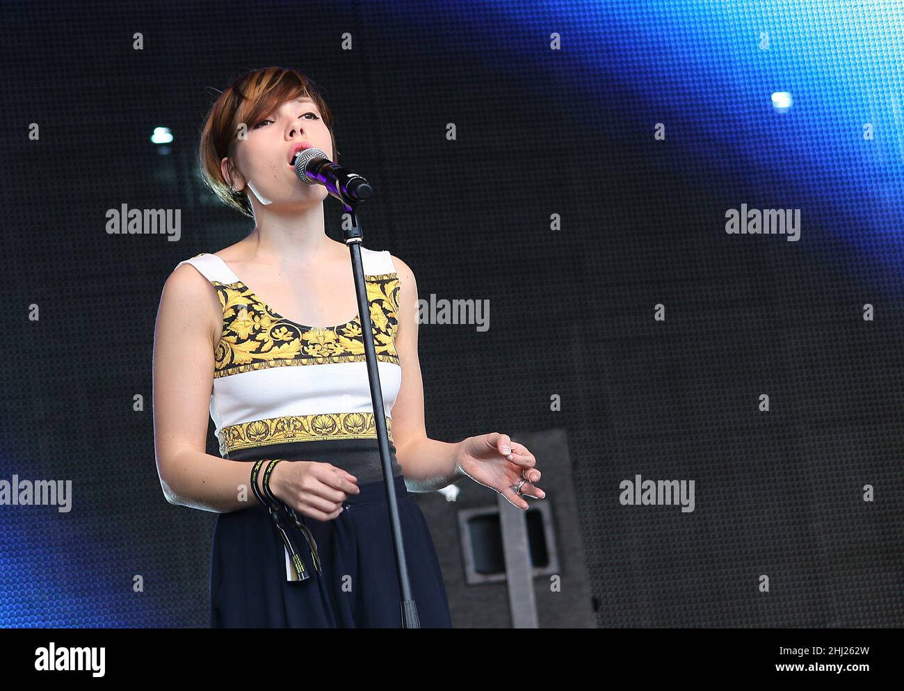 London. UK . Alicia Huertas of Chew Lips performing live during day 3 of  the Lovebox Festival at Victoria Park in London. 17th June 2012. Ref:  LMK318-39474-180612 Justyna Sanko/Landmark Media NO WEBSITE