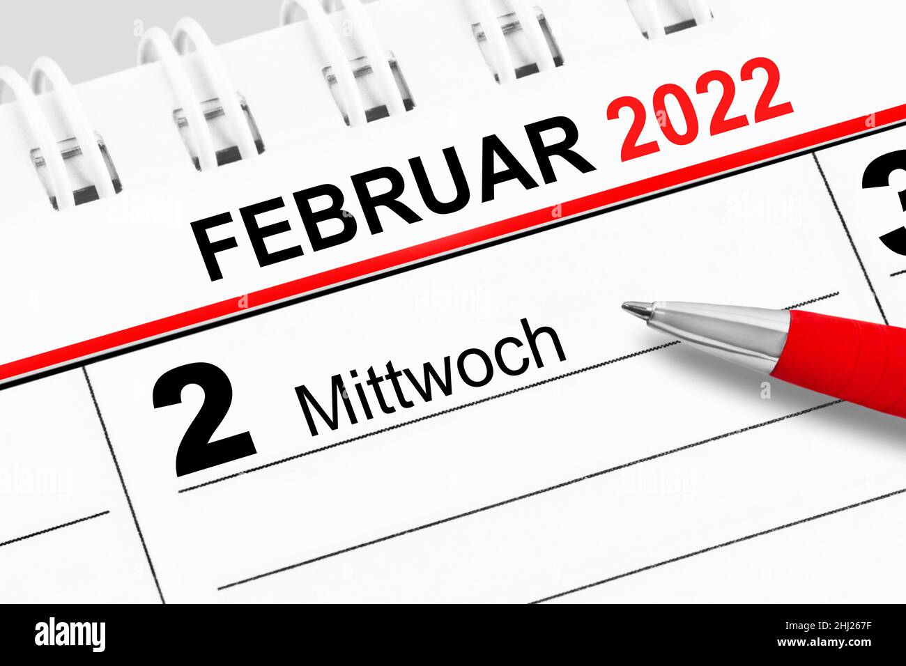 German calendar 2022 February 2  Wednesday and red pen Stock Photo