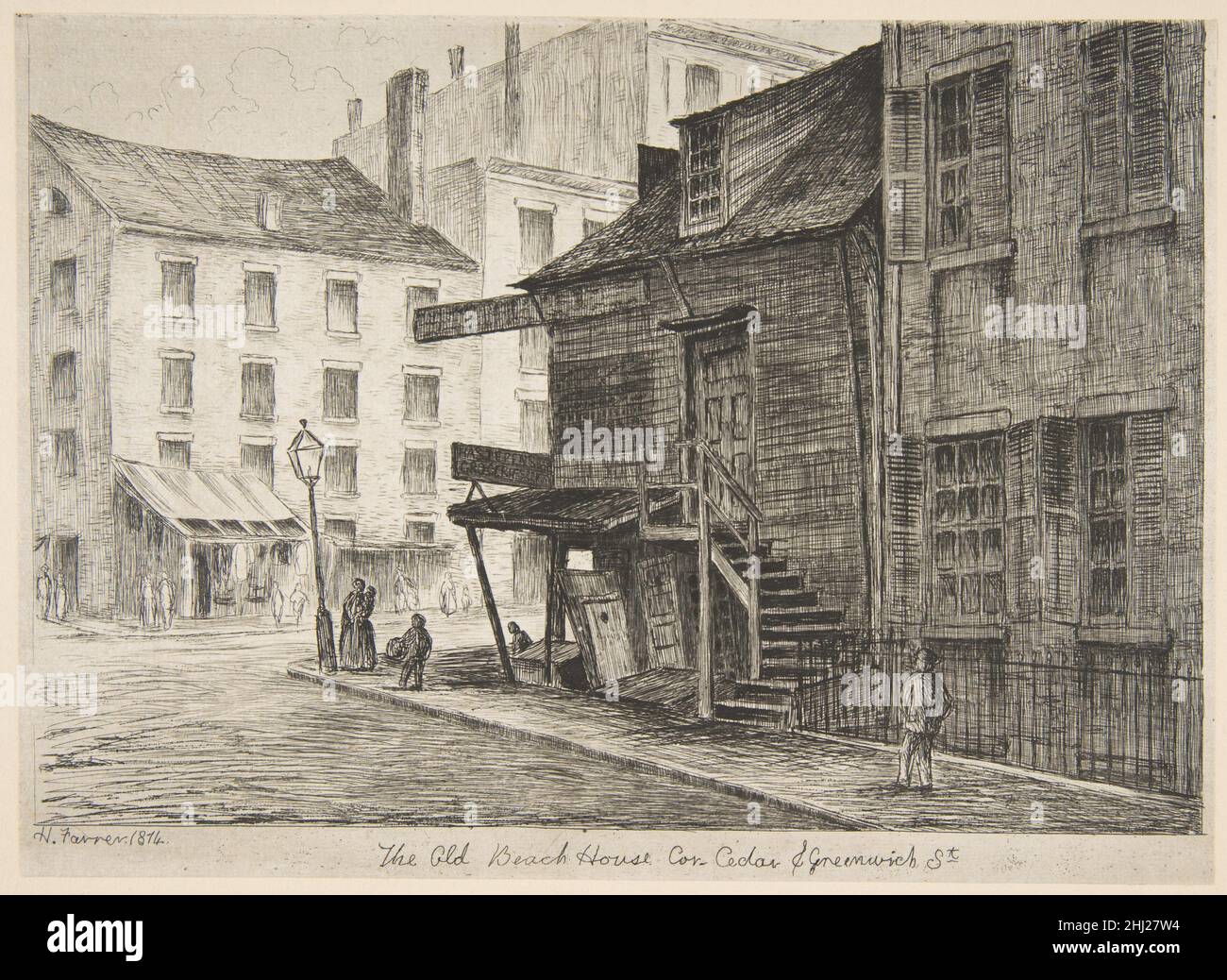 The Old Beach House, Corner of Cedar and Greenwich Streets (from Scenes of Old New York) 1874 Henry Farrer American. The Old Beach House, Corner of Cedar and Greenwich Streets (from Scenes of Old New York)  380989 Artist: Henry Farrer, American, London 1844?1903 New York, The Old Beach House, Corner of Cedar and Greenwich Streets (from Scenes of Old New York), 1874, Etching, cut within platemark, sheet: 5 3/8 x 7 1/2 in. (13.7 x 19 cm) mount: 7 5/16 x 10 3/16 in. (18.5 x 25.9 cm). The Metropolitan Museum of Art, New York. The Edward W. C. Arnold Collection of New York Prints, Maps and Pictures Stock Photo