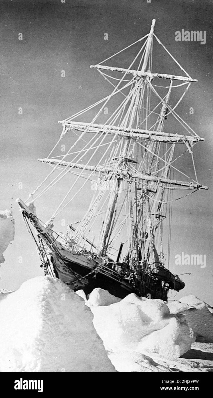 THE ENDURANCE trapped in ice during Robert Shackleton's Imperial Trans-Antarctic Expedition in 1916. Photo: Frank Hurley Stock Photo