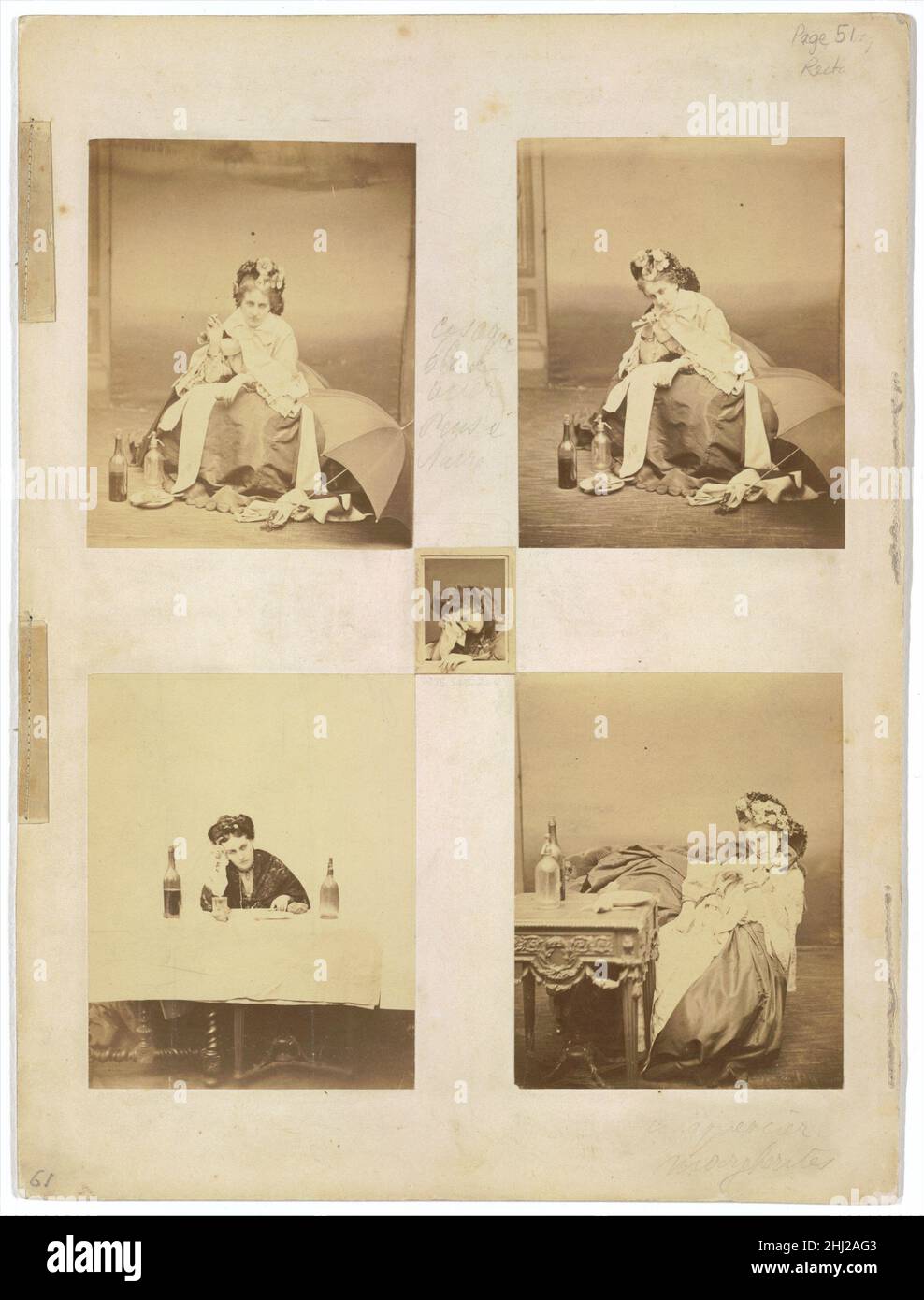 [Album page with ten photographs of La Comtesse mounted recto and verso] 1861–67 Pierre-Louis Pierson French The photographs laid out by the countess on this page illustrate different stages in a busy day. Midday (top left) shows her in street clothes, ready to partake of a country picnic. In Ernani (top right), a reference to Verdi's opera, she is blowing a small hunting horn. Nightlife scenes show her enjoying herself in a private room of a big restaurant on the boulevard or sitting forlorn in the back room of a brasserie or dance hall. The photograph at the center may have been inspired by Stock Photo