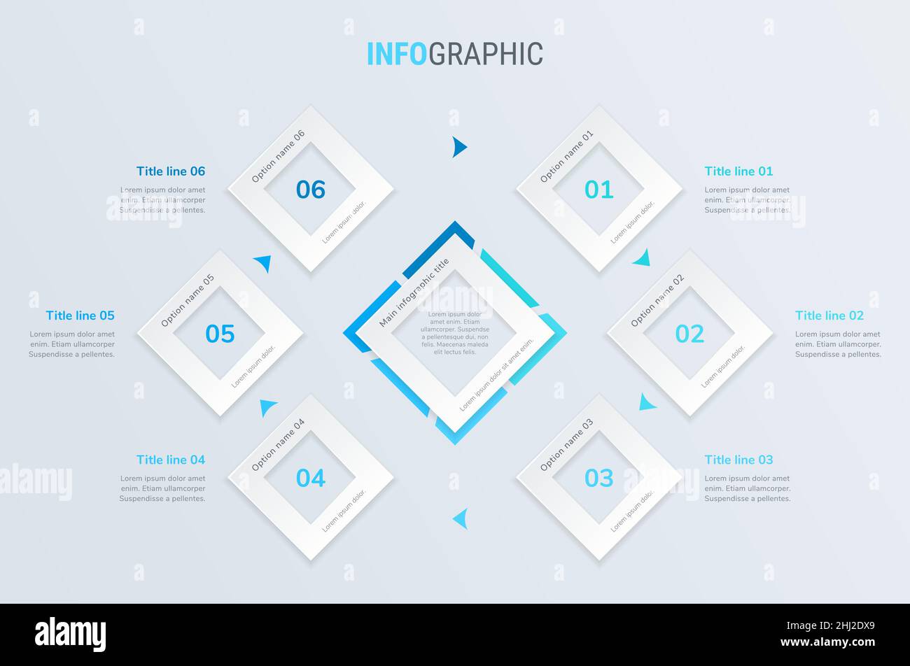Blue timeline infographic design vector. 6 steps, square workflow layout. Vector infographic timeline template. Stock Vector