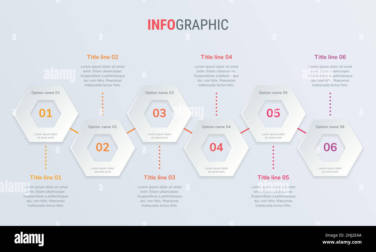 Abstract business honeycomb infographic template with 6 options. Red diagram, timeline and schedule isolated on light background. Stock Vector