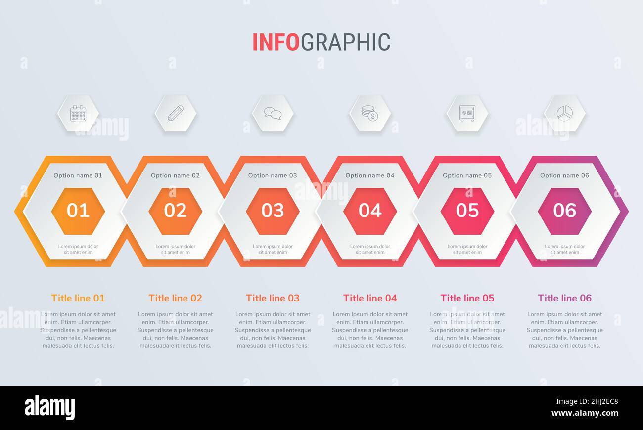 Abstract business honeycomb  infographic template with 6 steps. Red diagram, timeline and schedule isolated on light background. Stock Vector