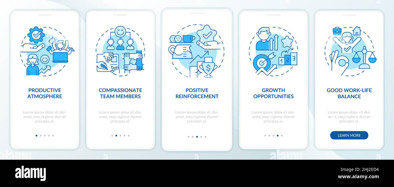 Healthy workplace environment blue onboarding mobile app screen Stock Vector