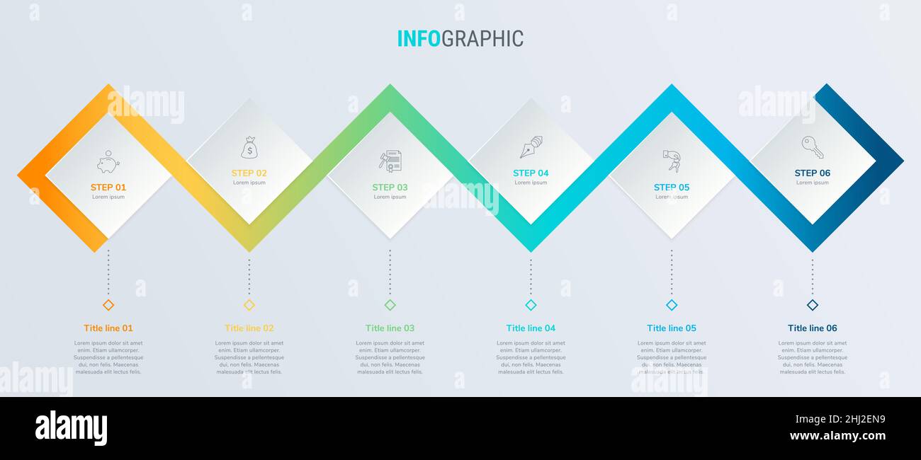 Timeline infographic design vector. 6 options, square workflow layout. Vector infographic timeline template. Stock Vector
