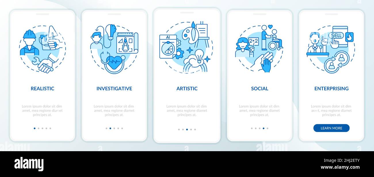 Work environment kinds blue onboarding mobile app screen Stock Vector