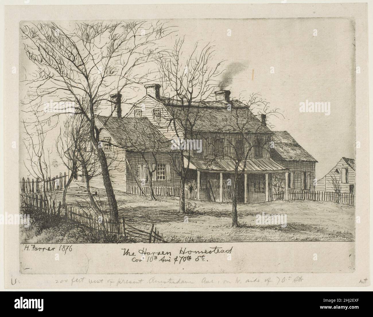 The Harsen Homestead, Corner of 10th Avenue and 70th Street (from Scenes of Old New York) 1876 Henry Farrer American. The Harsen Homestead, Corner of 10th Avenue and 70th Street (from Scenes of Old New York)  380990 Artist: Henry Farrer, American, London 1844?1903 New York, The Harsen Homestead, Corner of 10th Avenue and 70th Street (from Scenes of Old New York), 1876, Etching, plate: 4 11/16 x 6 3/16 in. (11.9 x 15.7 cm) sheet: 5 3/16 x 2 3/4 in. (13.2 x 7 cm). The Metropolitan Museum of Art, New York. The Edward W. C. Arnold Collection of New York Prints, Maps and Pictures, Bequest of Edward Stock Photo