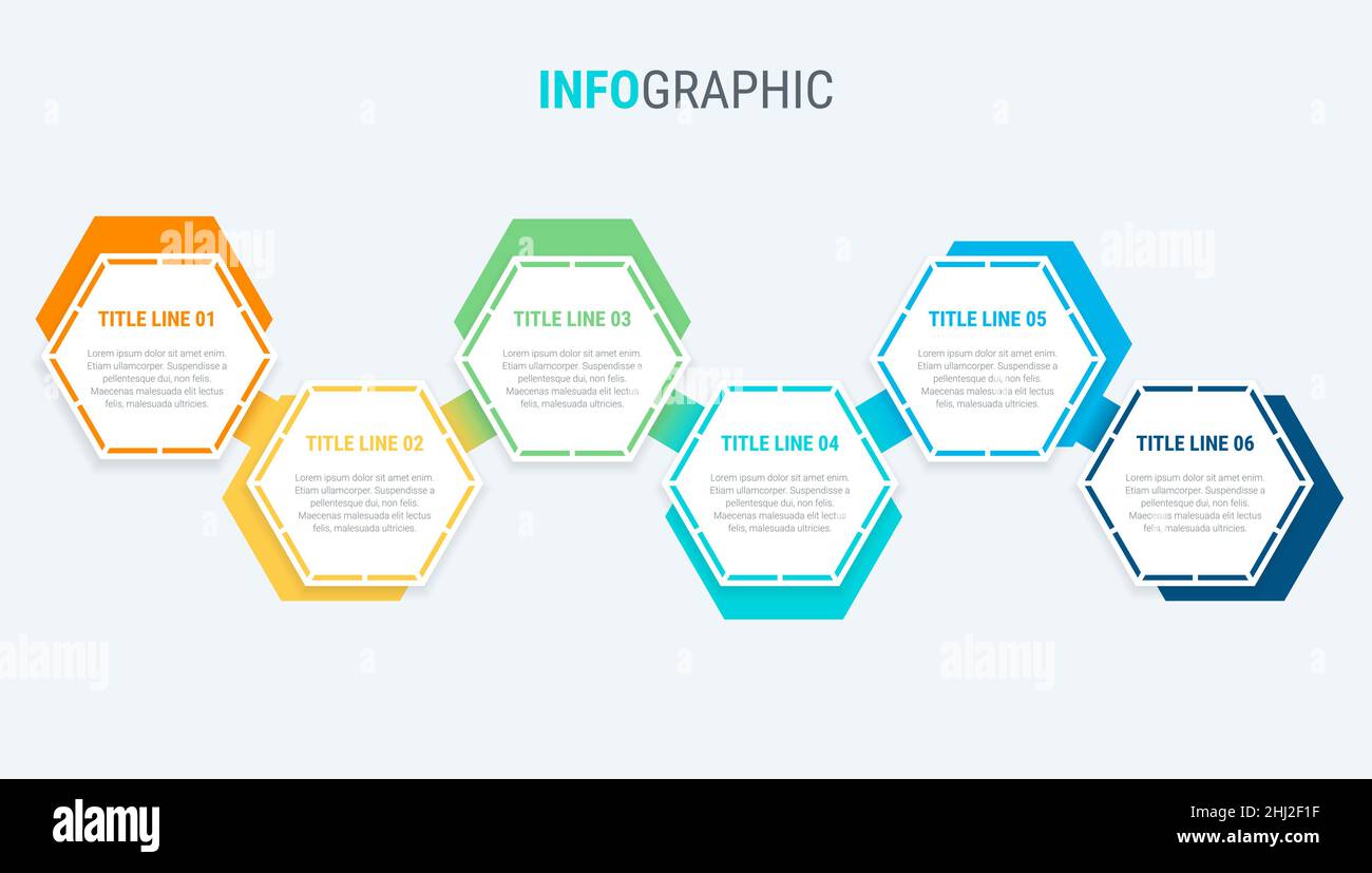 Colorful diagram, infographic template. Timeline with 6 options. Honeycomb  workflow process for business. Vector design. Stock Vector