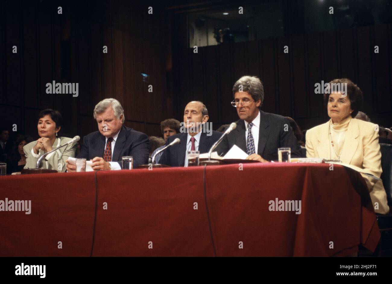 Four United States Senators introduce Chief Judge of the US Court of Appeals for the First Circuit, Stephen G. Breyer, US President Bill Clinton's nominee as Associate Justice of the US Supreme Court to replace the retiring Justice Harry Blackmun, before the US Senate Committee on the Judiciary on Capitol Hill in Washington, DC on July 12, 1994. Pictured from left to right: US Senator Barbara Boxer (Democrat of California), US Senator Edward M. Kennedy (Democrat of Massachusetts), Judge Breyer, US Senator John F. Kerry (Democrat of Massachusetts), and US Senator Dianne Feinstein (Democrat of C Stock Photo
