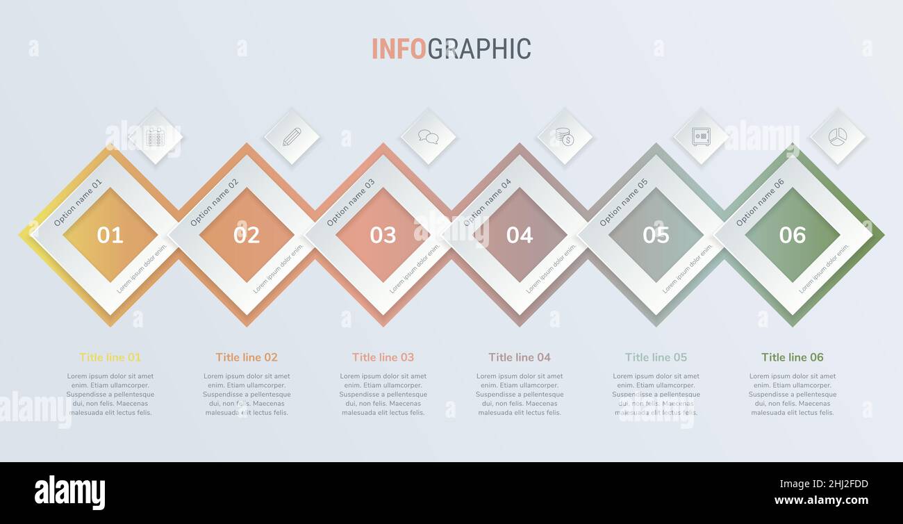 Abstract business square infographic template in vintage colors with 6 steps. Colorful diagram, timeline and schedule isolated on light background. Stock Vector