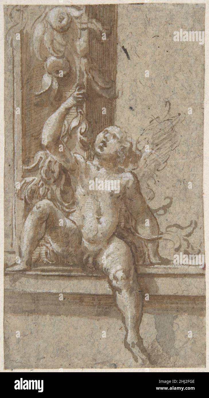 A Putto Seated on a Frame ca. 1538–40 Girolamo Mazzola Bedoli Italian Due to his expeditious production of paintings, Girolamo Mazzola Bedoli became a painter of note in the competitive artistic arena of Parma during the late 1530s and 40s. A native of Viadana (like Parmigianino, his better-known master and kinsman by marriage), Bedoli was considered Parmigianino's successor in the Parmese school, according to Giorgio Vasari, Bedoli's first biographer (1568). This rapidly executed drawing fragment is typical of the artist. He was a particularly gifted draftsman, perhaps more so than as a paint Stock Photo