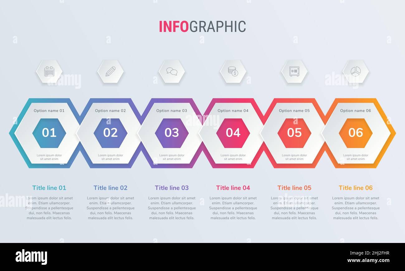 Abstract business honeycomb  infographic template with 6 steps. Colorful diagram, timeline and schedule isolated on light background. Stock Vector