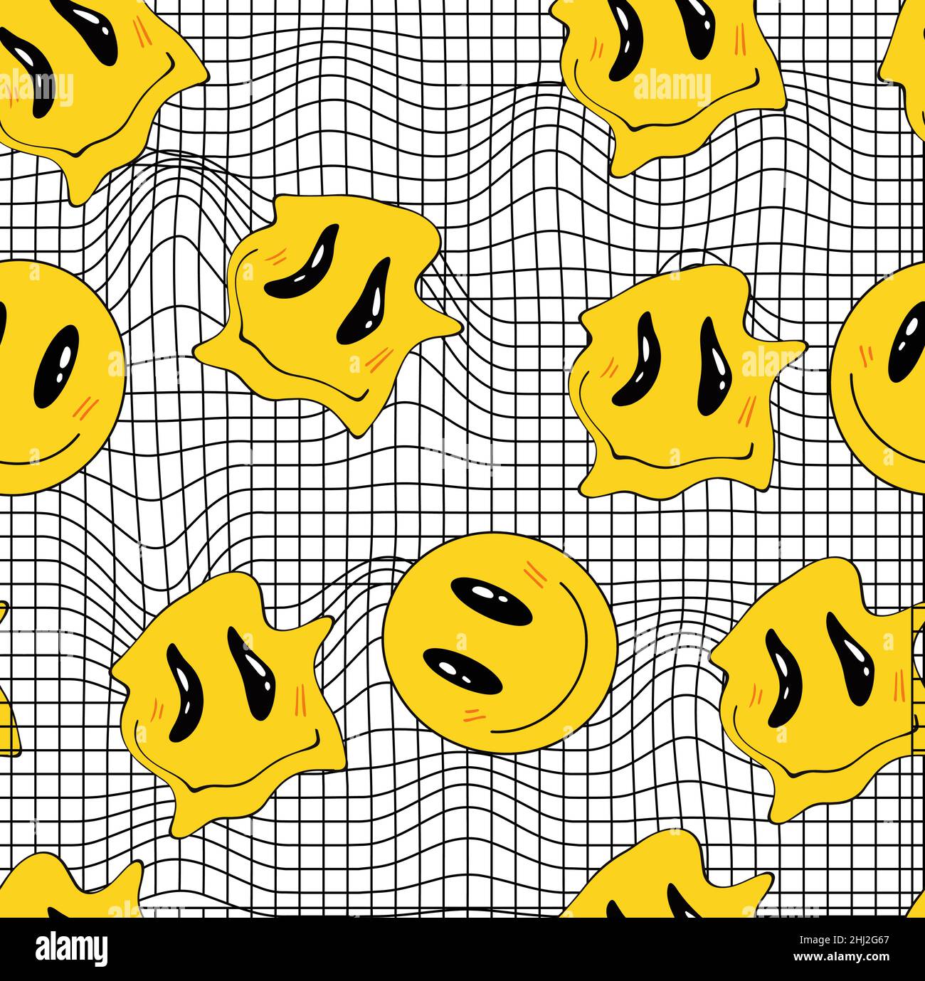 Seamless yellow distorted melting smiley face illustration pattern ...