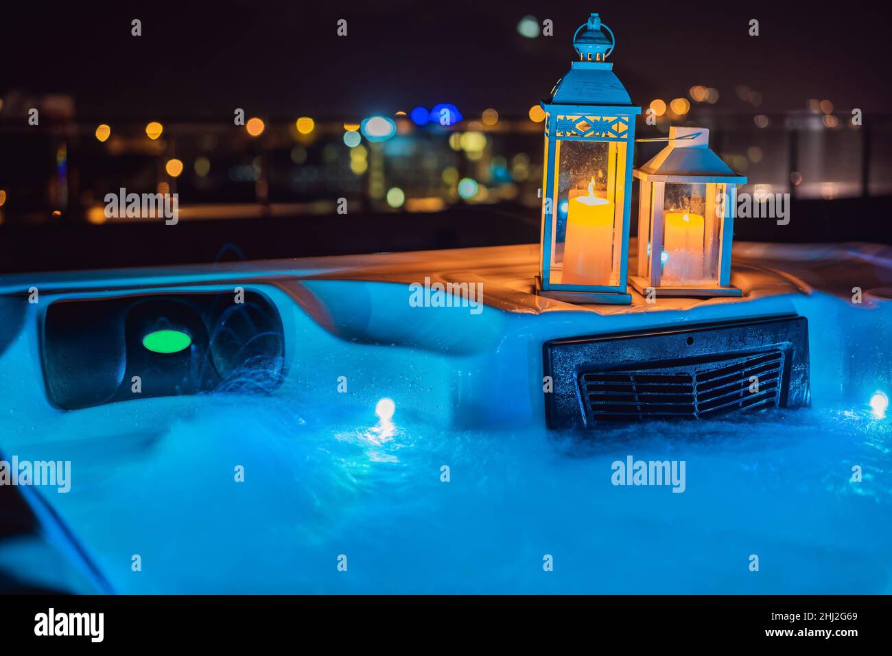 Hot tub with candles ready to take a bath. Valentines day concept Stock Photo