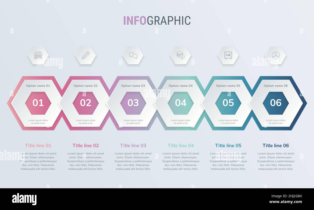 Abstract business honeycomb infographic template in vintage colors with 6 steps. Colorful diagram, timeline and schedule isolated on light background. Stock Vector
