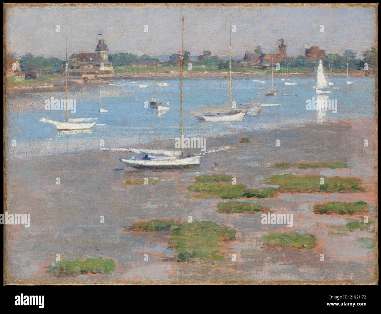 Low Tide, Riverside Yacht Club 1894 Theodore Robinson American This work is one of a series of coastal scenes painted by Theodore Robinson at Cos Cob, Connecticut, a popular American artists’ colony. It reveals how the painter synthesized the earlier influence of Claude Monet with a newfound interest in Japanese prints. As Robinson observed after acquiring his first print in 1894, “My Japanese print points in a direction I must try and take: an aim for refinement and a kind of precision seen in the best old as well as modern work.”. Low Tide, Riverside Yacht Club  19523 Stock Photo
