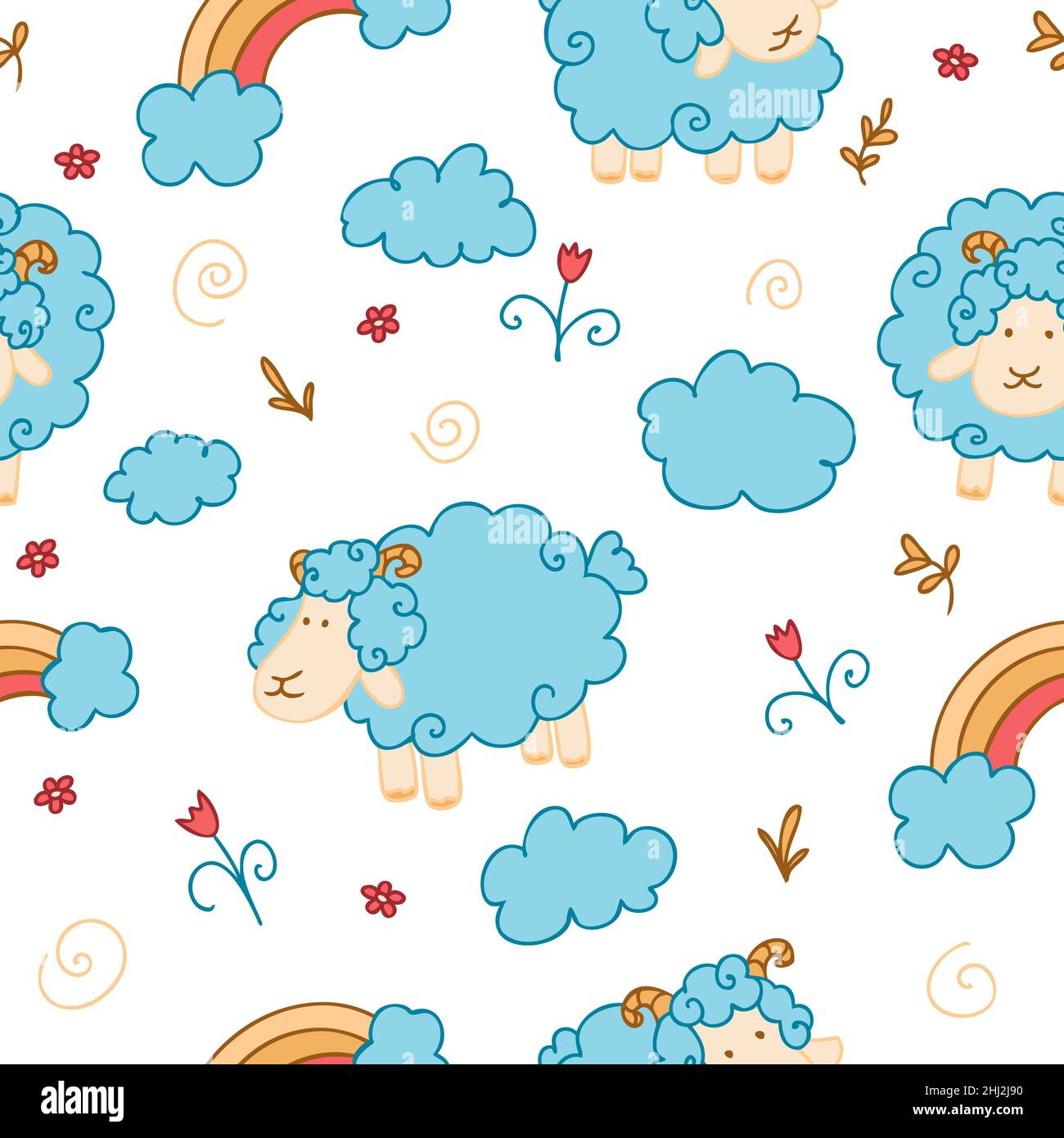 Seamless pattern for children vector illustrations of sheep, clouds, rainbows Stock Vector