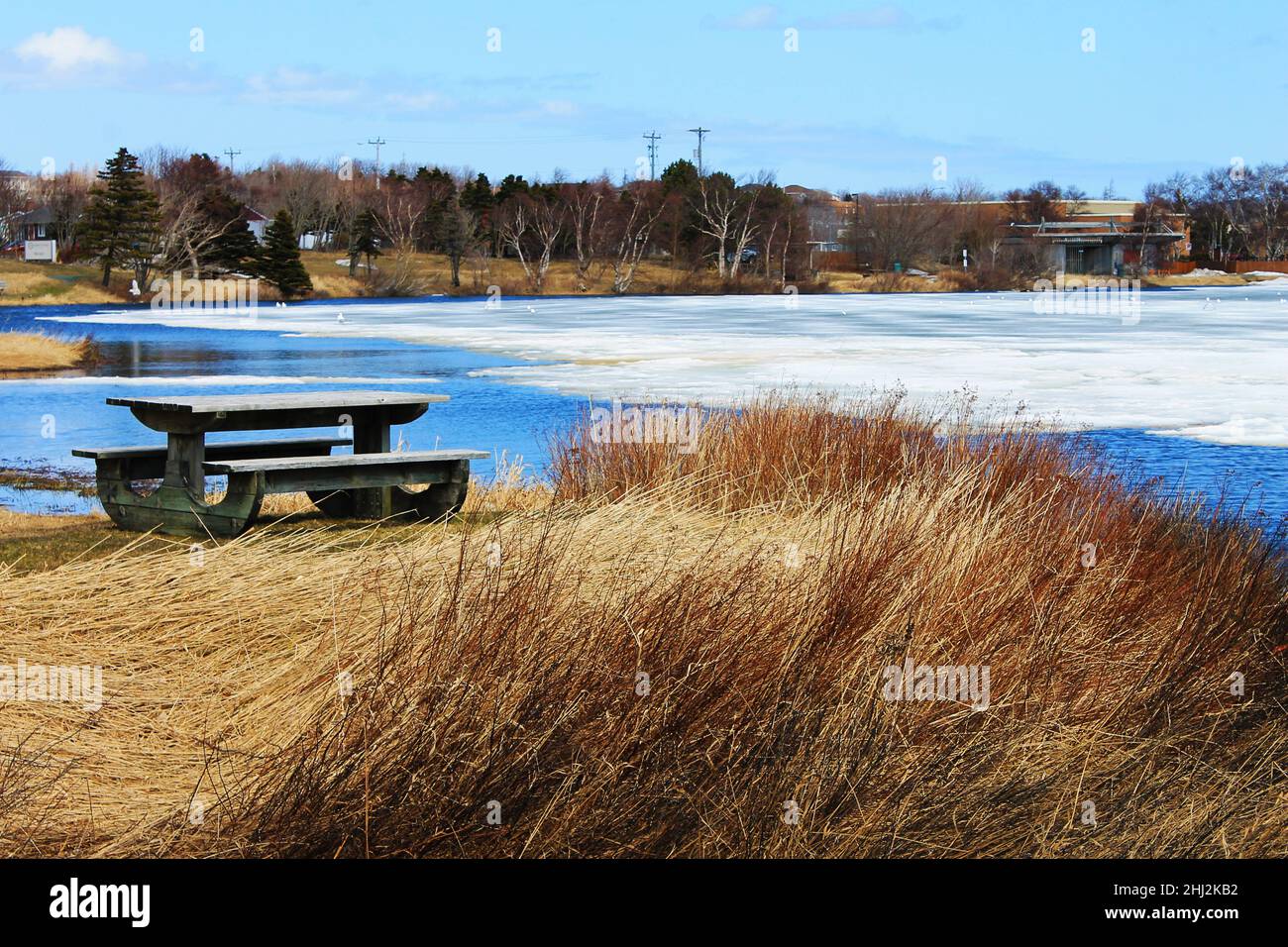 A picnic table by the side of a pond, Spring. Ice on pond mostly melted. Stock Photo