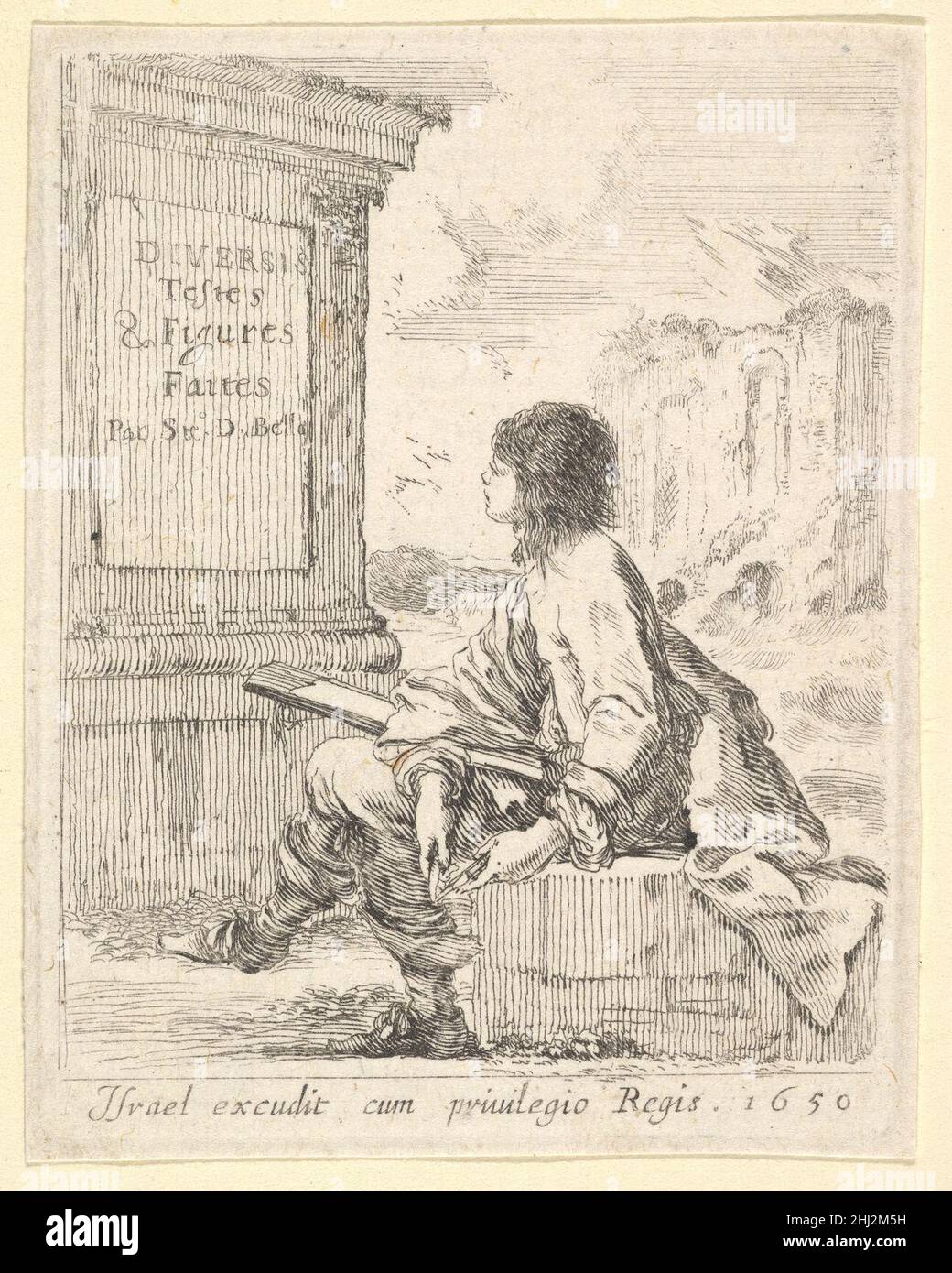Plate 1: a young man sitting on a stone, facing left in profile, holding a drawing pad in his lap and a pen in his left hand, a pedestal with title to left and ruins to right in the background, title page from 'Various heads and figures' (Diverses têtes et figures) 1650 Stefano della Bella Italian. Plate 1: a young man sitting on a stone, facing left in profile, holding a drawing pad in his lap and a pen in his left hand, a pedestal with title to left and ruins to right in the background, title page from 'Various heads and figures' (Diverses têtes et figures)  412510 Stock Photo