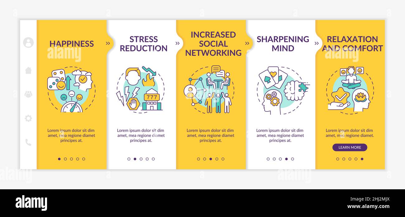 Gambling positive traits yellow onboarding template Stock Vector