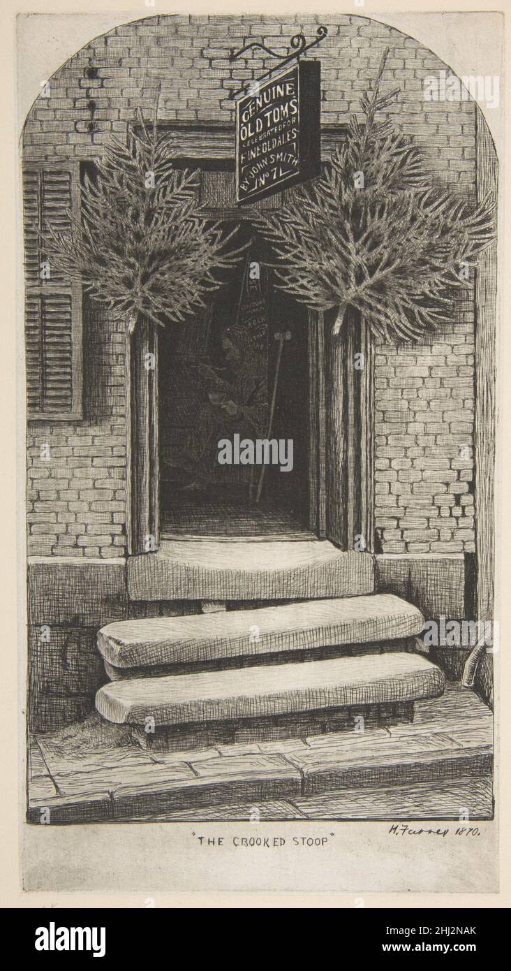 The Crooked Stoop (Old Tom's Chop House) (from Scenes of Old New York) 1870 Henry Farrer American. The Crooked Stoop (Old Tom's Chop House) (from Scenes of Old New York)  380984 Artist: Henry Farrer, American, London 1844?1903 New York, The Crooked Stoop (Old Tom's Chop House) (from Scenes of Old New York), 1870, Etching, sheet: 8 1/16 x 4 3/8 in. (20.4 x 11.1 cm) mount: 13 9/16 x 10 3/16 in. (34.4 x 25.8 cm). The Metropolitan Museum of Art, New York. The Edward W. C. Arnold Collection of New York Prints, Maps and Pictures, Bequest of Edward W. C. Arnold, 1954 (54.90.922) Stock Photo