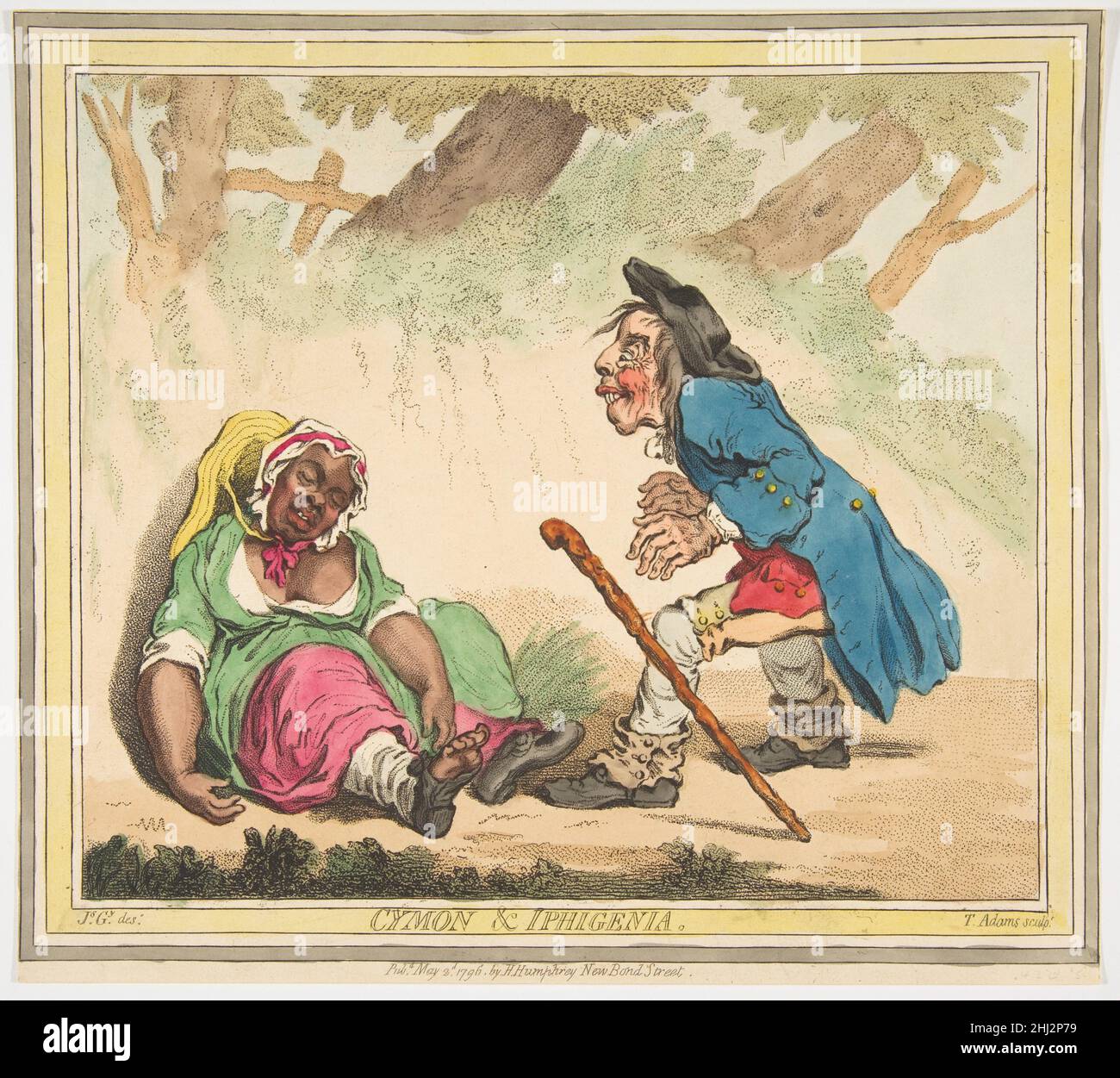 Cymon and Iphigenia May 2, 1796 James Gillray British. Cymon and Iphigenia  383688 Artist: James Gillray, British, Chelsea 1756?1815 London, Publisher: Hannah Humphrey, London, Cymon and Iphigenia, May 2, 1796, Hand-colored etching, sheet: 9 3/4 x 10 9/16 in. (24.8 x 26.8 cm). The Metropolitan Museum of Art, New York. Purchase, Bequest of W. Gedney Beatty, by exchange, 2008 (2008.254) Stock Photo