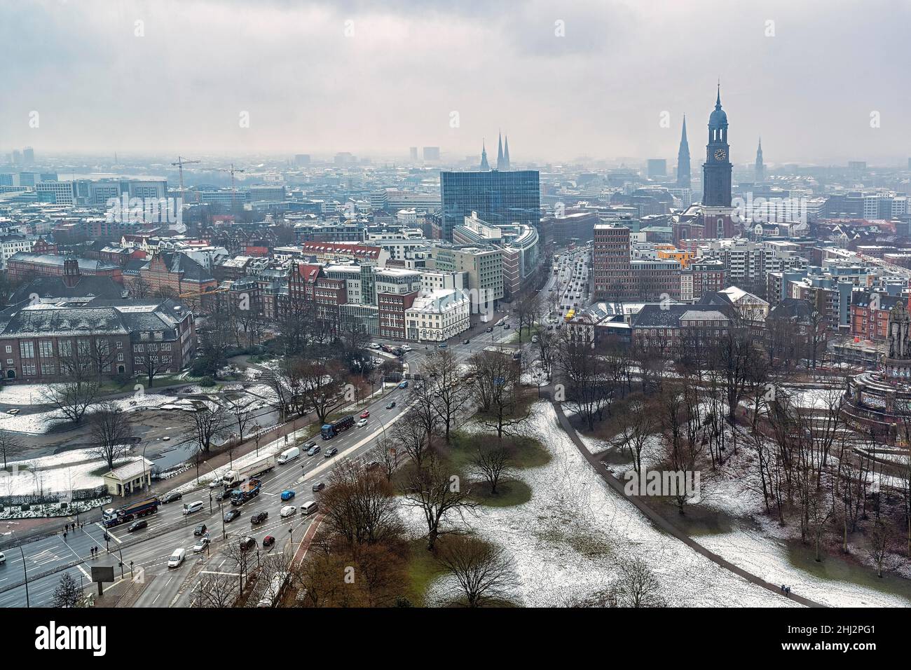 View from above on Ludwig-Erhard-Strasse with Michel and Tower am Michel, dreary winter weather, Neustadt, Hamburg, Germany Stock Photo