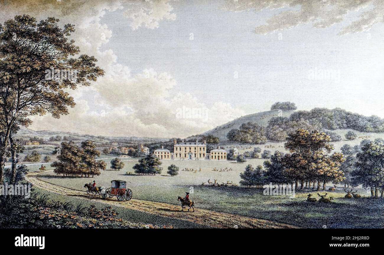 Godmersham Park and surrounding park, Kent, England. Built in 1732 in the Palladian style for Thomas Knight MP (1701-1781). Photograph of original 1785 hand tinted engraving. A copy of the engraving was used as the background to the British ten pounds note featuring Jane Austen who was a frequent visitor whilst the property was owned by her brother. Stock Photo