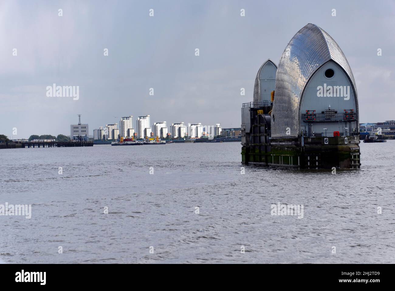 Gates of the Thames Barrier in open normal position, Flood Defence, Thames, London, London Region, England, United Kingdom Stock Photo