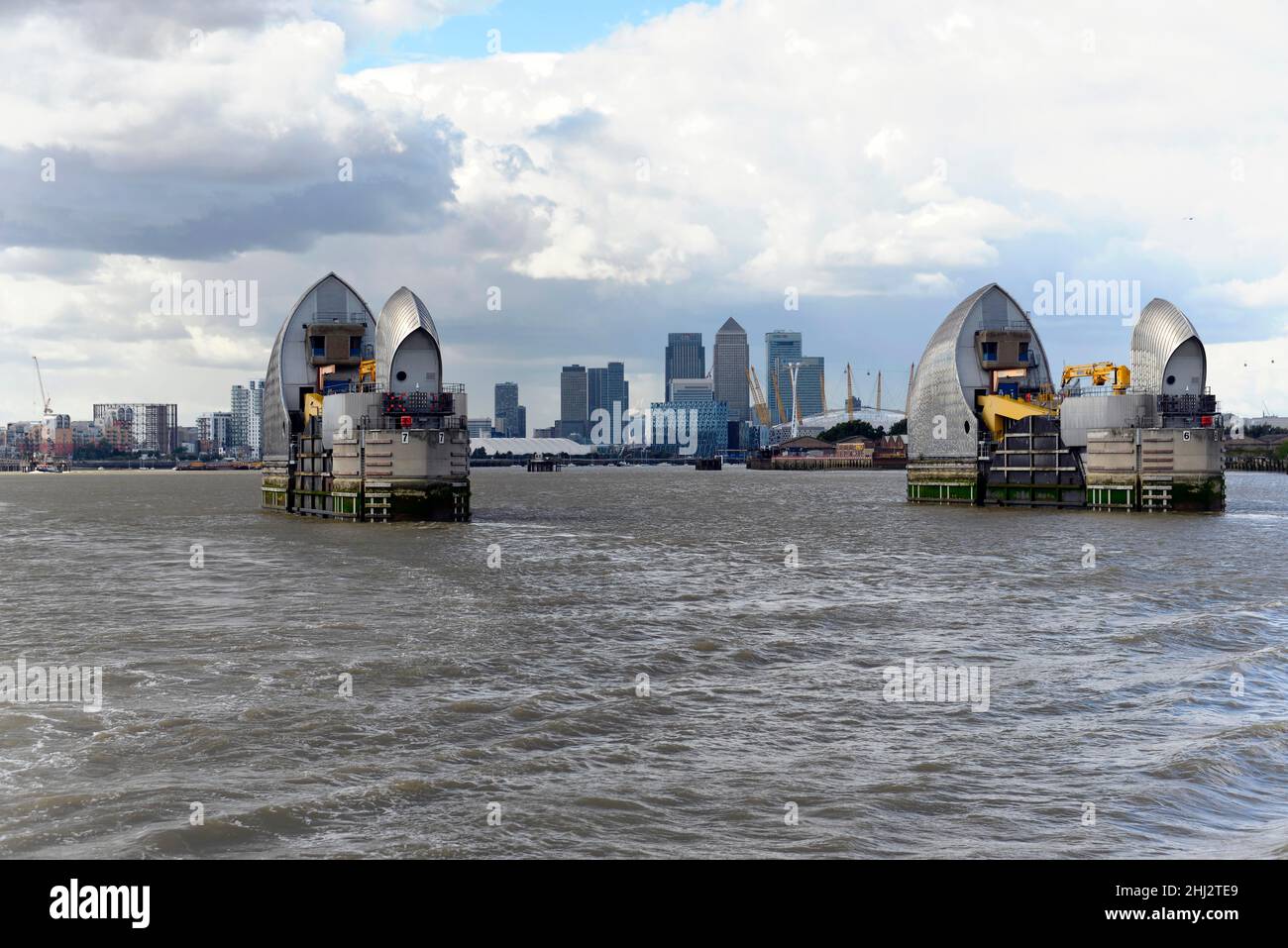Gates of the Thames Barrier in open normal position, Flood Defence, Thames, London, London Region, England, United Kingdom Stock Photo
