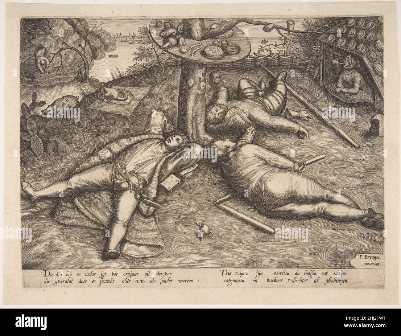The Land of Cockaigne after 1570? Attributed to Pieter van der Heyden Netherlandish The Land of Cockaigne, known in Dutch literature as Luilekkerland (country of the lazy and gluttonous), was described in very popular stories as a mythical place where there is no need to work, and where food and drink are so abundant that we need only open our mouths to take in what we desire. In this print, which accurately follows in reverse Bruegel's 1567 painting of the same title (Munich, Alte Pinakothek), three figures—a soldier, a farmer, and a clerk—are shown sleeping off the effects of their overindul Stock Photo