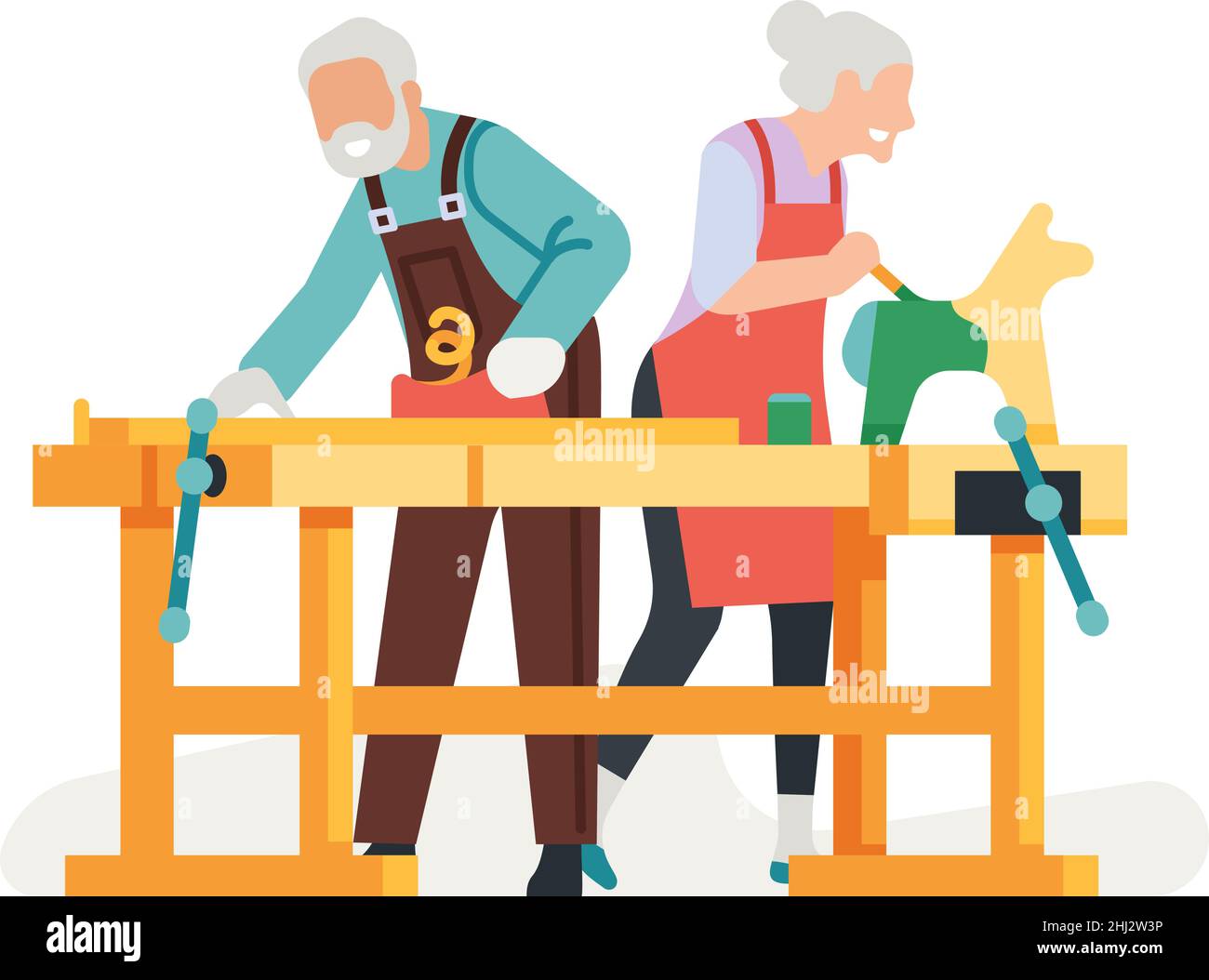 Seniors woodworking. Old people making wood toys. Elderly activity Stock Vector