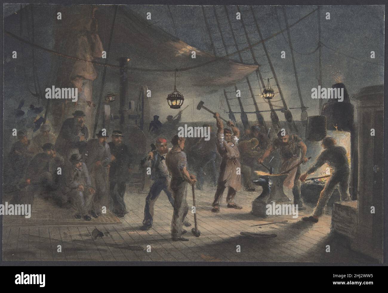 The Forge on Deck, Night of August 9th: Preparing the Iron Plating for Capstan 1865–66 Robert Charles Dudley British One of the 19th century's great technological achievements was to lay a telegraphic cable beneath the Atlantic, allowing messages to speed back and forth between North America and Europe in minutes, rather than ten or twelve days by steamer. An initially successful attempt in 1858, led by Cyrus W. Field and financed by the Atlantic Telegraph Company, failed after three weeks. Two working cables were finally laid in July and September 1866, the result of repeated efforts by the i Stock Photo