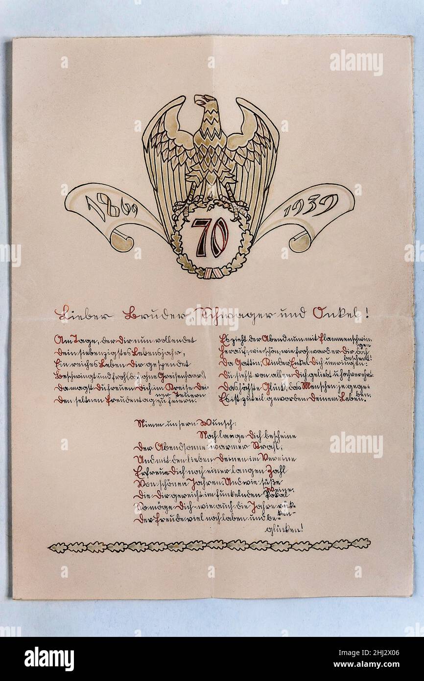 Bief in Suetterlin script from 1939, congratulations on 70th birthday, 1869-1939, Germany Stock Photo