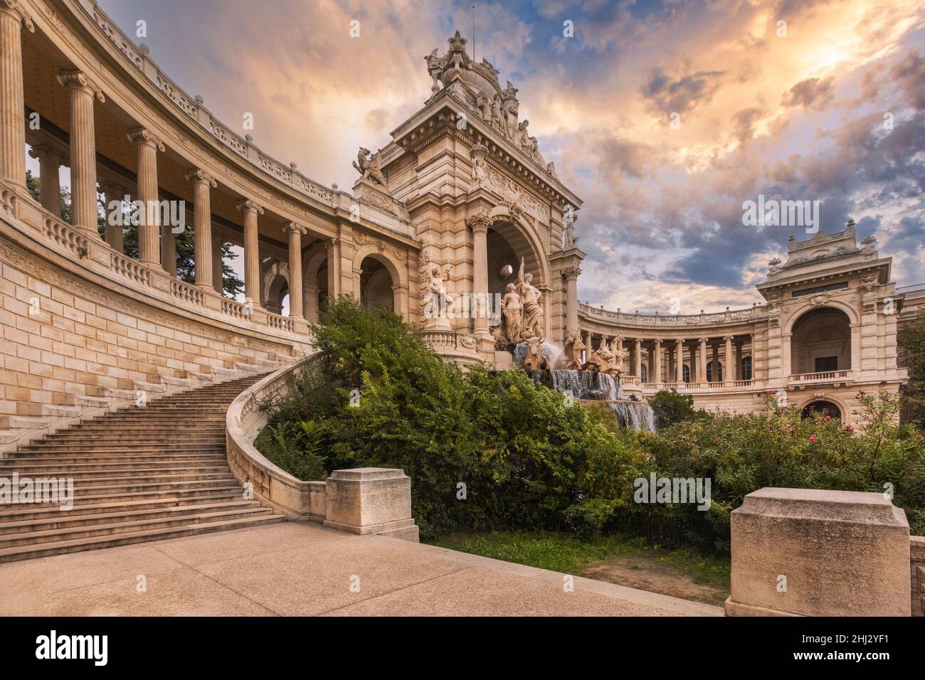 Sunset over Palais Longchamp in Marseille, France. One of the most impressive monument in the city. Stock Photo