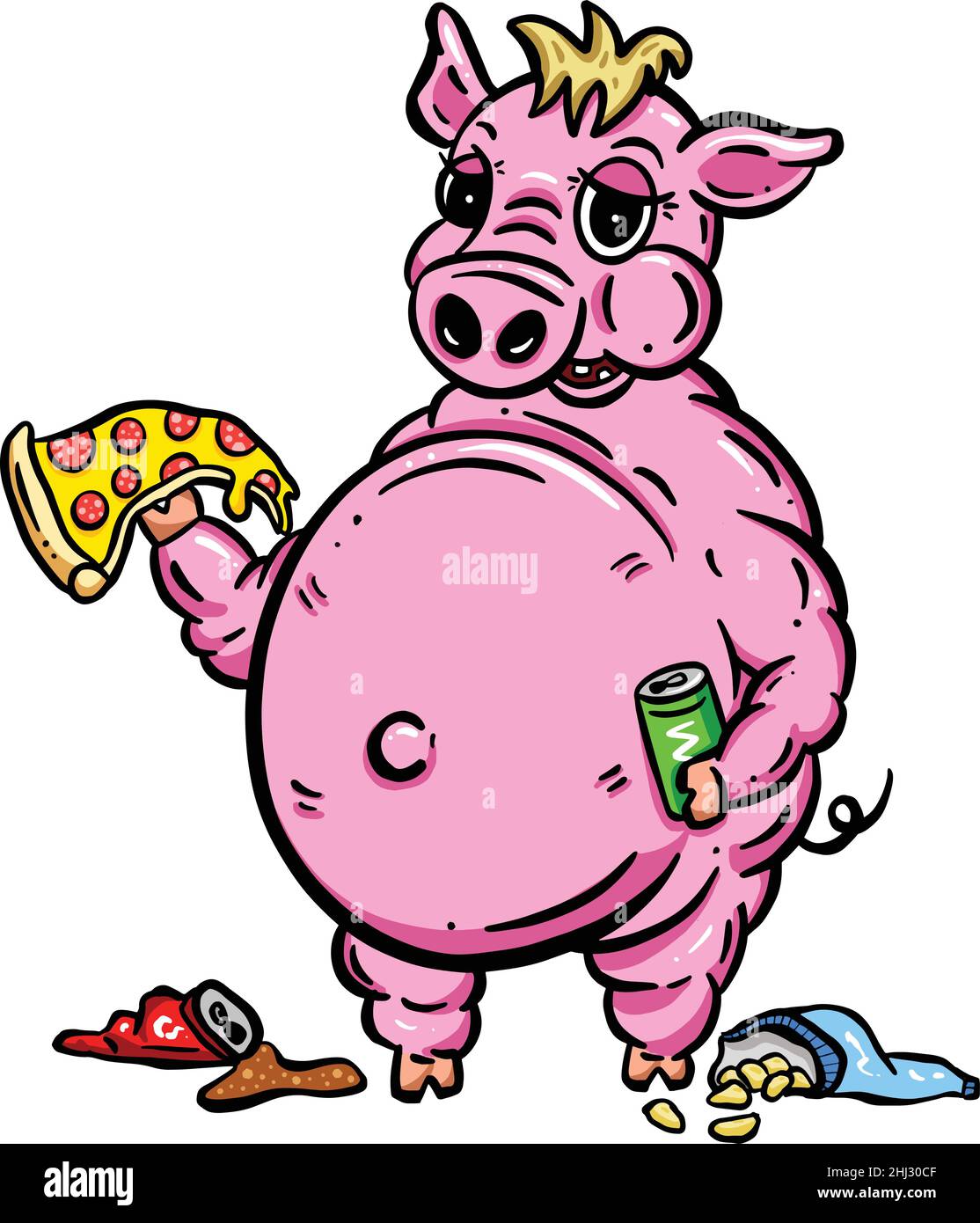 Fat Pig eating Pizza Crisps and Junk Food Logo Stock Vector