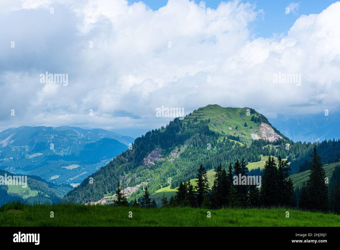 View of the mountains and the X-Press cable car over the bike paths, Saalbach-Hinterglemm, Alps, Austria Stock Photo