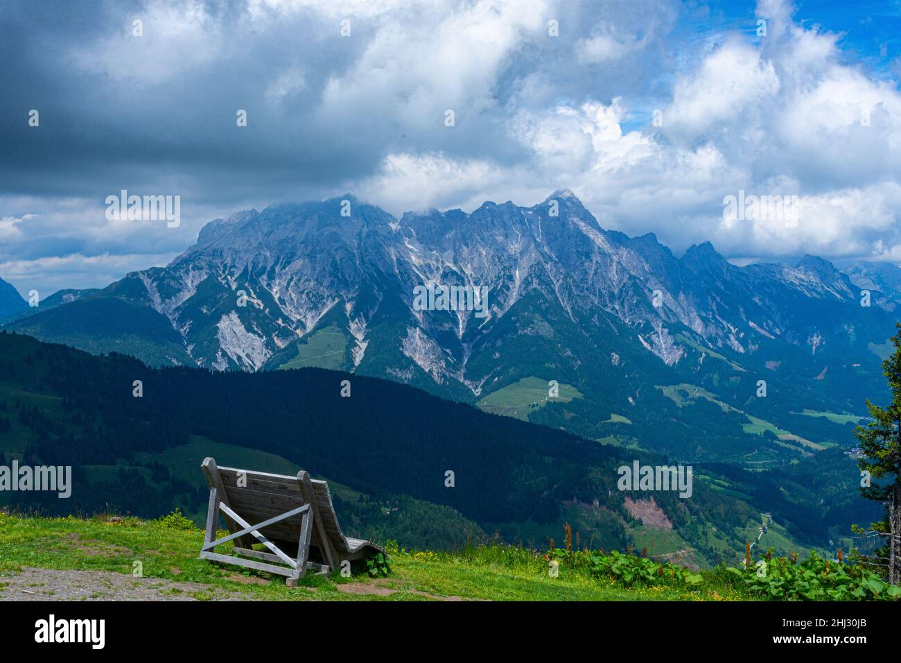 View of the mountains and the X-Press cable car over the bike paths, Saalbach-Hinterglemm, Alps, Austria Stock Photo