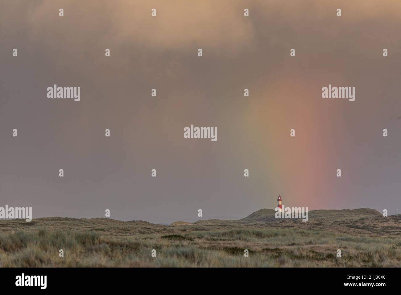 Rainbow over the lighthouse List East, List, Sylt, North Frisia, Schleswig Holstein, Germany Stock Photo