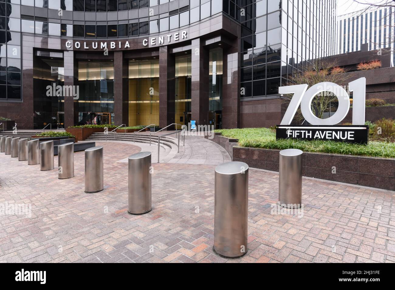 Seattle - January 23, 2022; Address sign of 701 Fifth Avenue for the Columbia Center skyscraper in downtown Seattle with security posts Stock Photo