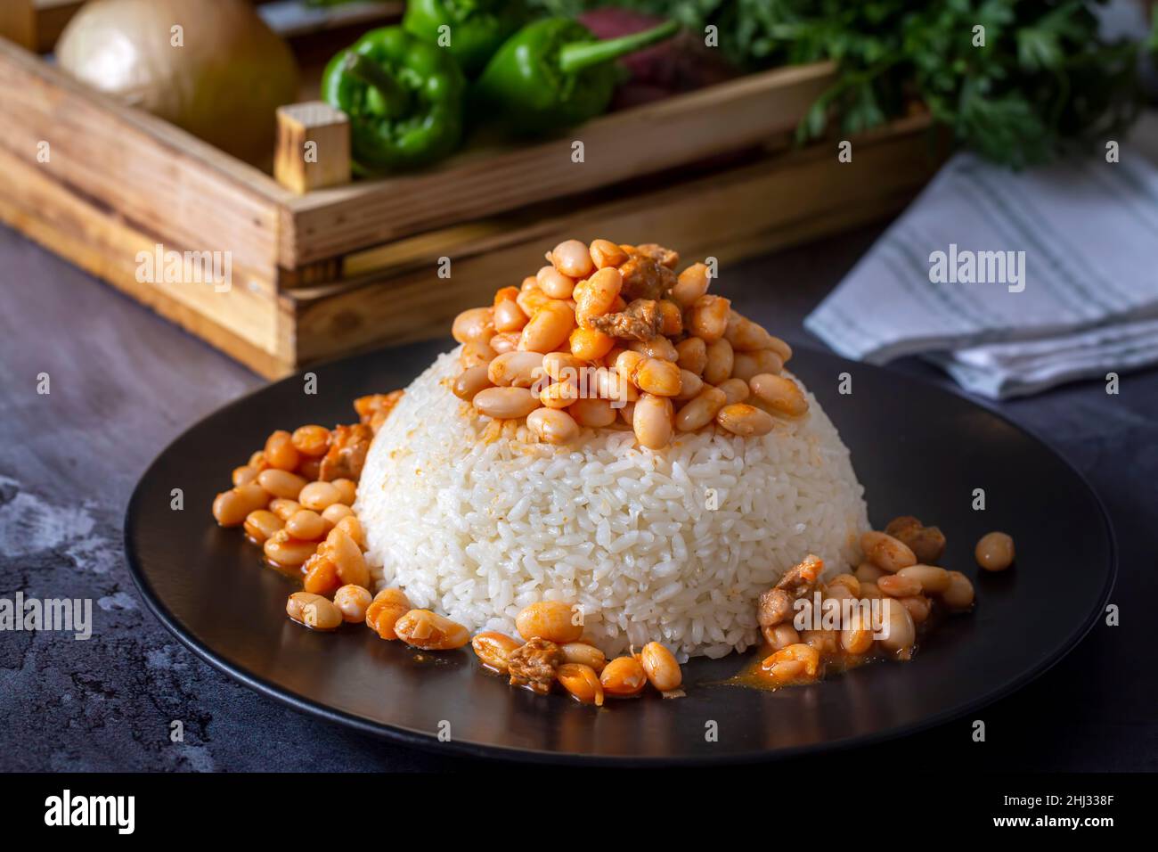 Traditional Turkish cuisine. Kuru Fasulye . Haricot Beans, rice and beans (Turkish name; pilav