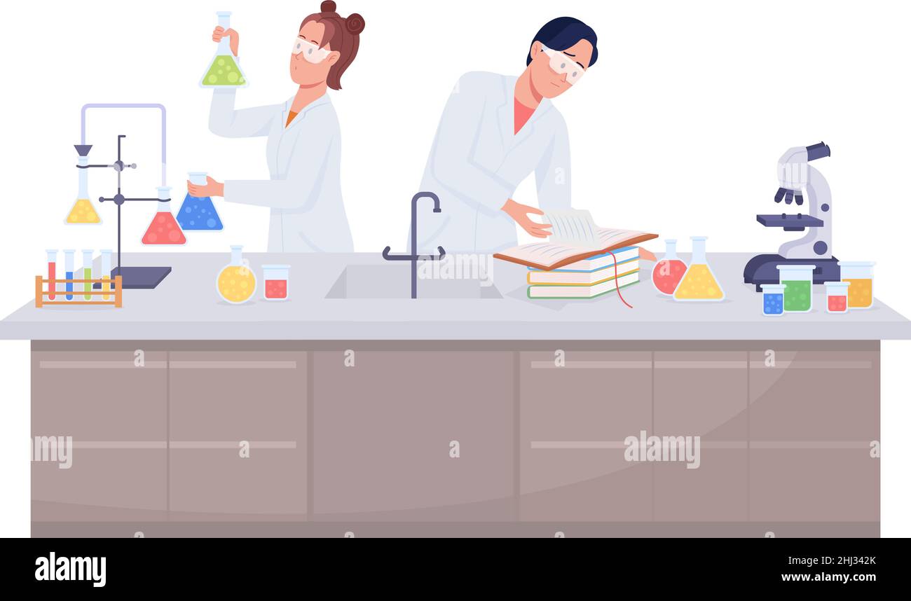 Students doing chemical experiment semi flat color vector characters Stock Vector