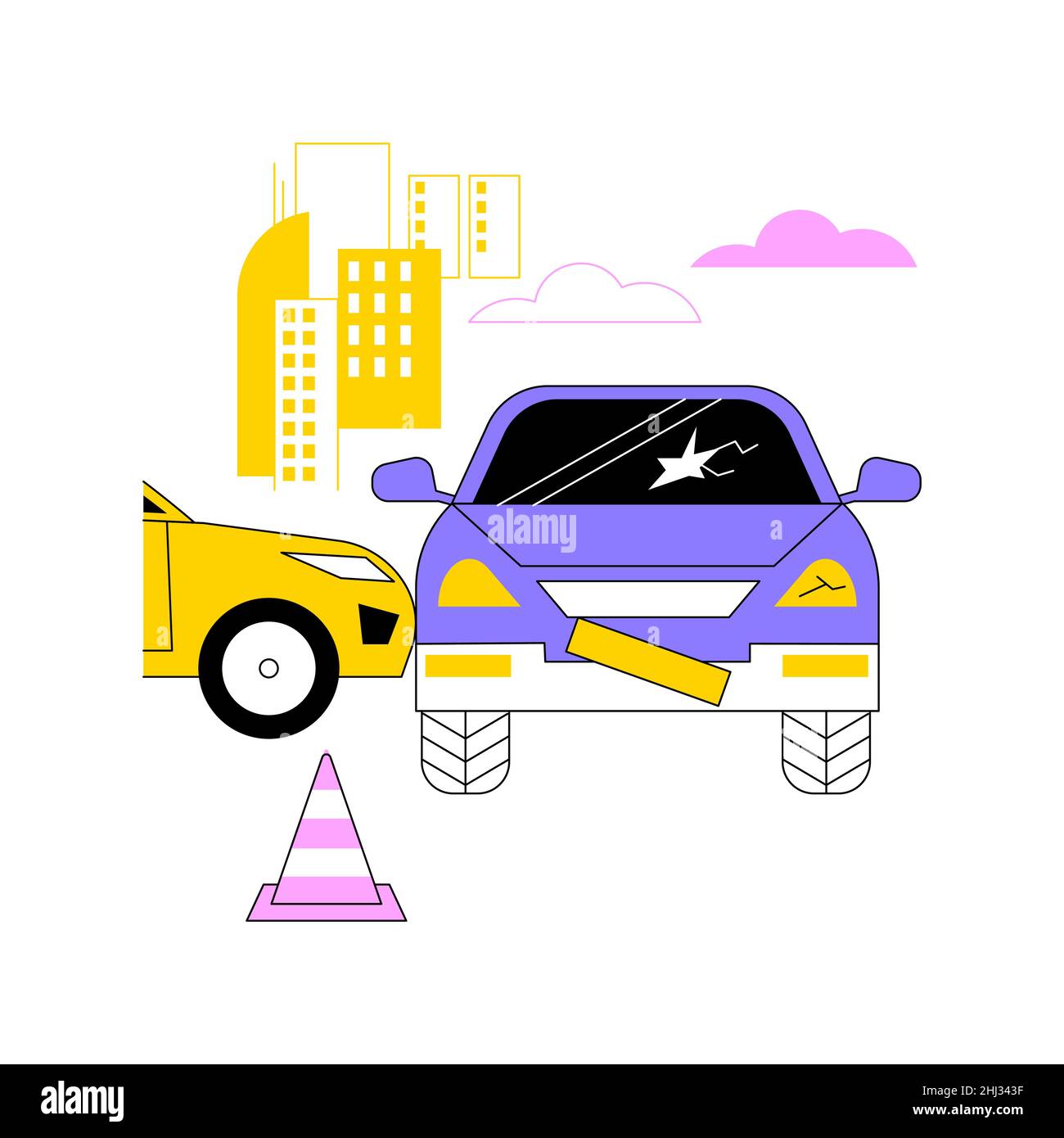 Traffic accident abstract concept vector illustration. Road accident report, traffic laws violation, single car crash investigation, injury statistics, multi-vehicle collision abstract metaphor. Stock Vector