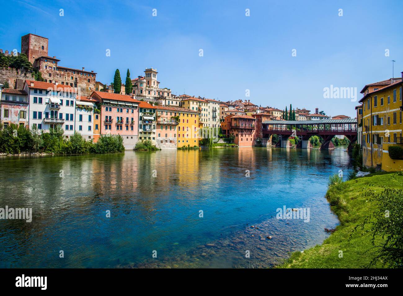 Bassano del Grappa on the river Brenta with Castello degli Ezzelini, Veneto, Italy, Bassano del Grappa, Veneto, Italy Stock Photo