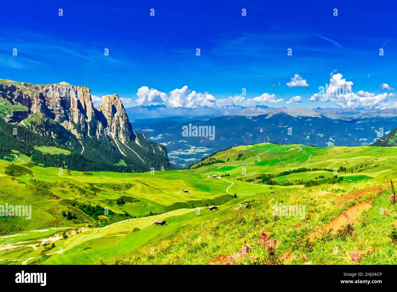 Panoramic view over Alpe di Siusi and Schlern mountain group - Seiser Alm , South Tyrol Stock Photo