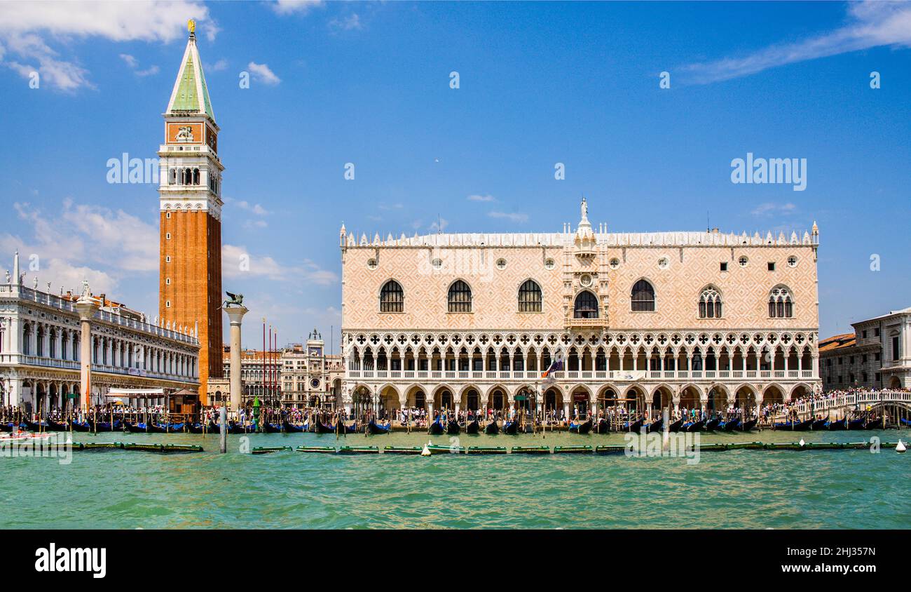Campanile and Doge's Palace with rows of arcades. Palazzo Ducale, centre of power in Venice, most important secular Gothic building, lagoon city Stock Photo