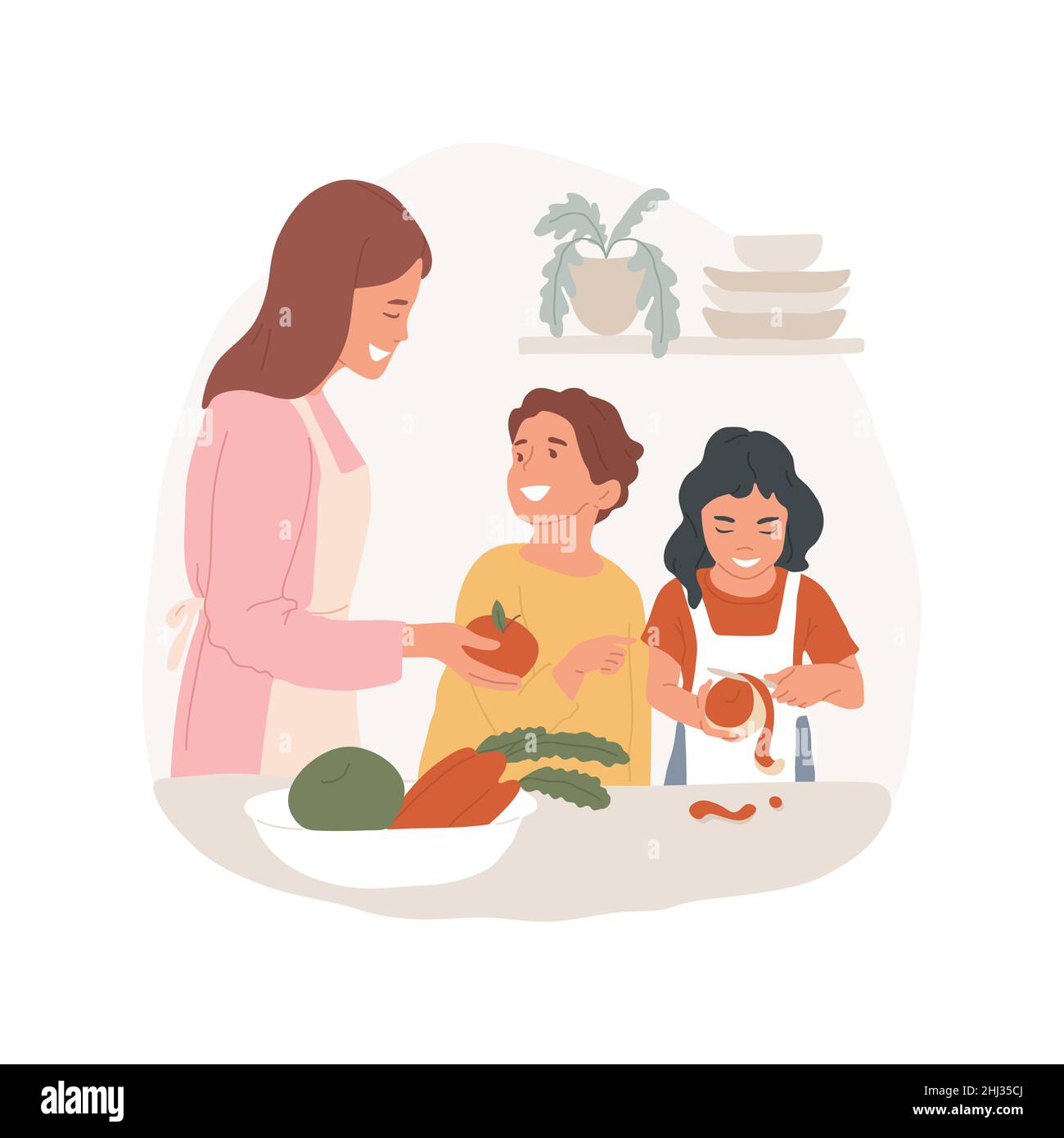 Peeling fruit with a knife abstract concept vector illustration. Child